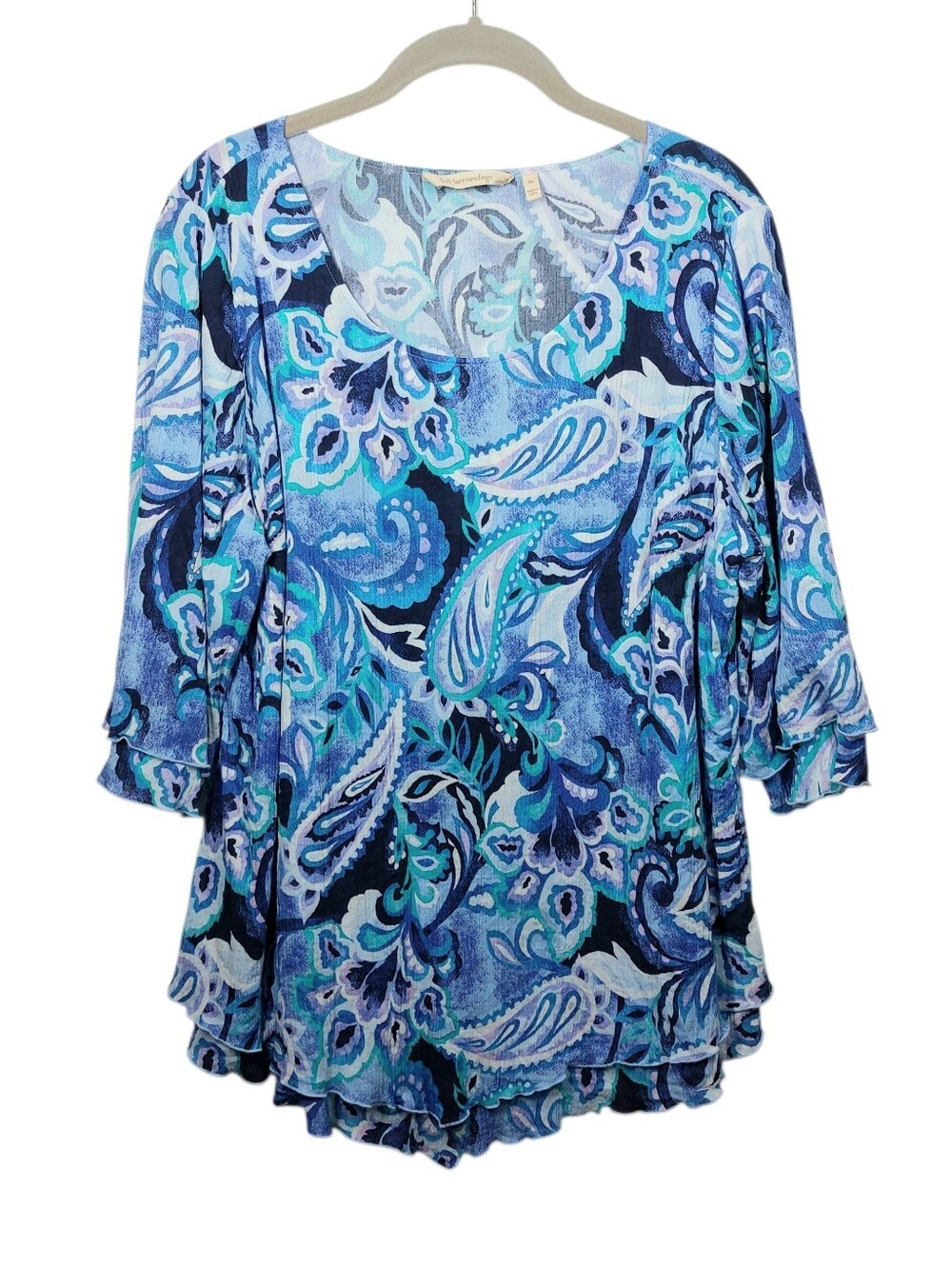 Soft Surroundings Blue Paisley Siesta Key Tunic XL Gauze Lined 3/4 Sleeves